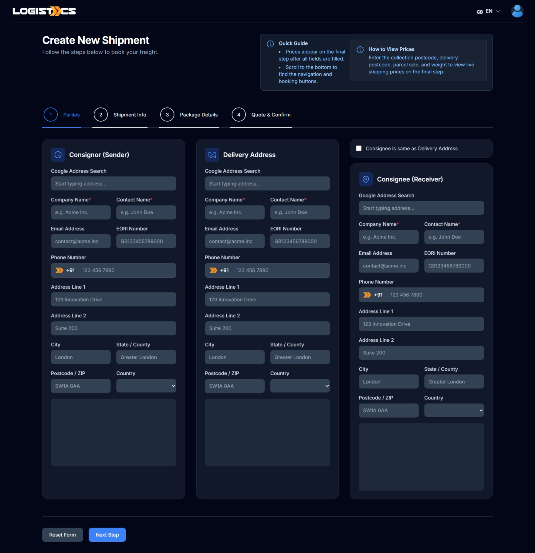 DSV platform four-step create-shipment flow with consignor, delivery address and consignee forms