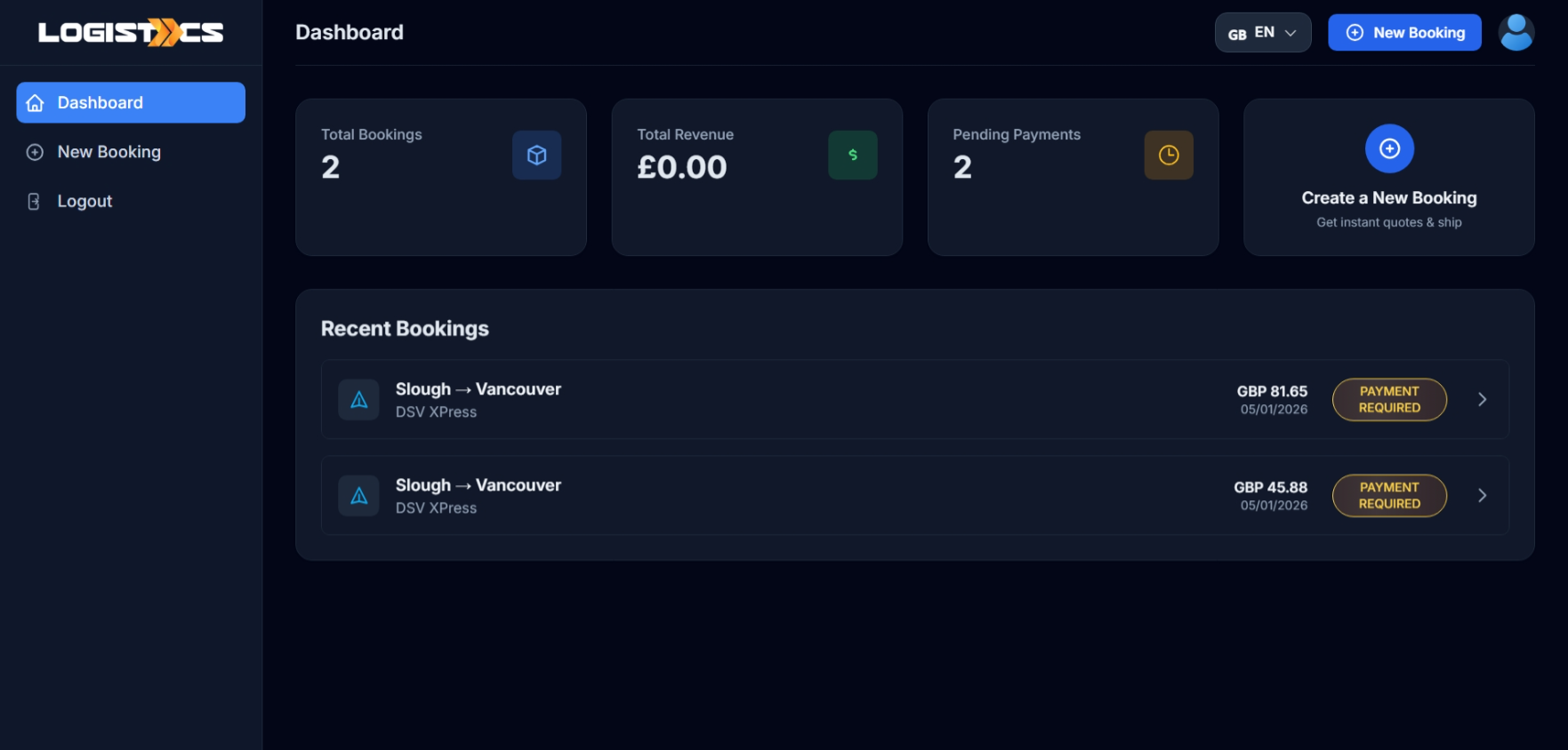 DSV platform customer dashboard showing total bookings, revenue, pending payments and recent bookings list